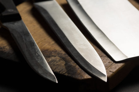 Stainless steel Kitchen knives. Detail high resolution imageの写真素材