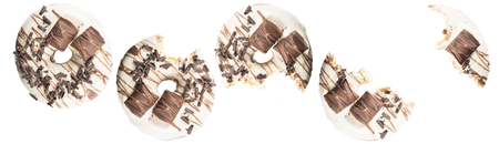 White chocolate glazed donut and chocolate topping on white background. High resolution image for food industry.の写真素材