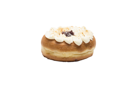 Doughnut with sweet cheese and jam topping on white background. High resolution image for food industry.の写真素材