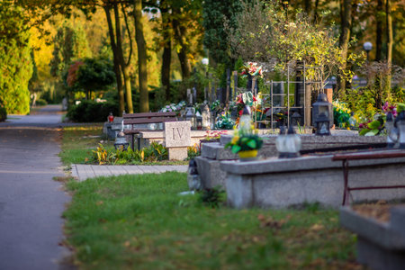 Polish cemetary before the All Saints Day. Sunny autumn scenery. Graves in sunlight.
