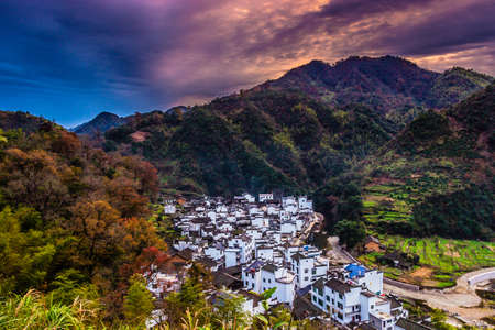 Landscape scenery view of a village at the mountain areaの写真素材