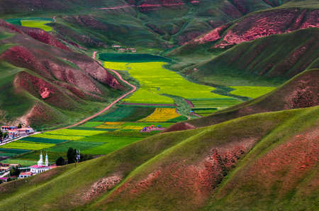 Landscape scenery view of a grassland in Xinjiang, Chinaの写真素材