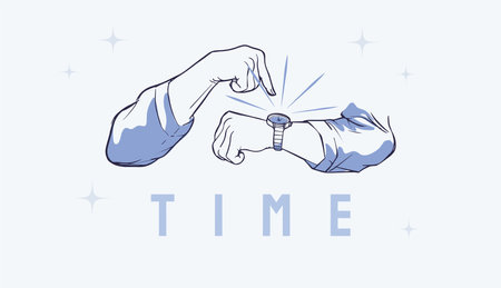 illustration of hand pointing to watch or wristwatch, checking at time, showing clocks, deadline and time management concept illustration. hand gesture and poses.のイラスト素材