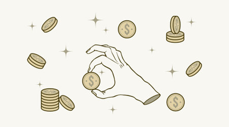 vector illustration of a hand gesture catching or holding coin. It can be used to describe saving money management, payment, financial planning, saving, business.のイラスト素材