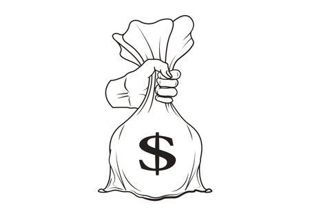 Line art illustration of a hand holding a money bag with dollar symbol. Suitable for describing work wages, salary payments and finances.のイラスト素材