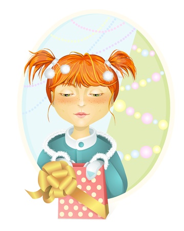 red-haired girl with a New Year giftのイラスト素材