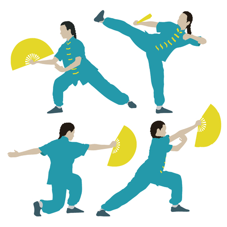 young girl in a pose of Tai Chi Chuan with fanのイラスト素材