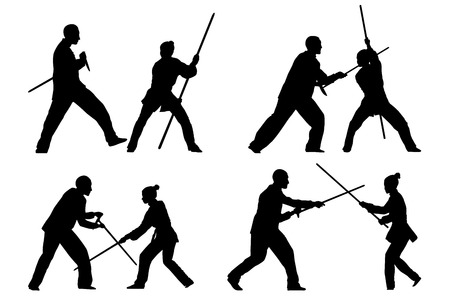 Vector set of silhouettes: Man and woman show Wushu Tao with a stick.のイラスト素材