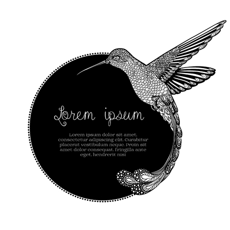hummingbird tattoo. psychedelic, zentangle style. Vector frame for text on a white backgroundのイラスト素材