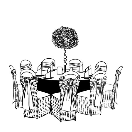 Banquet table with chairs, decorated with fabric, ribbons and flowers.のイラスト素材