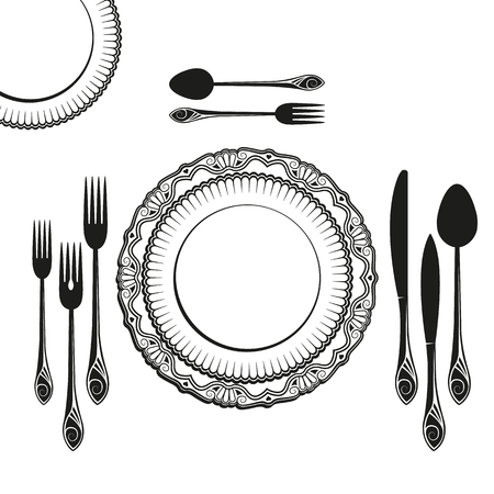 set of dishes, such as plates, forks, spoons and knivesのイラスト素材