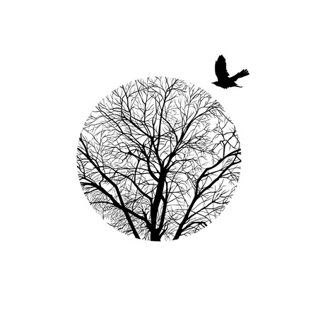 minimalistic cropped image of a winter tree in a circle. design element for cards, simple concise illustration.のイラスト素材