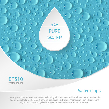 A square vector banner with transparent realistic drops in the background, a frame for the logo in the form of a droplet in the center and a place for text. Flyer design elements, clean water advertising.のイラスト素材