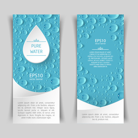 A narrow vertical vector banner with transparent realistic drops in the background, a frame for the logo in the form of a droplet in the center and a place for text. Flyer design elements, clean water advertising.のイラスト素材