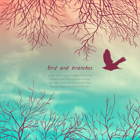 Square banner with crows and tree branches. Template for postcard, poster or advertisementのイラスト素材