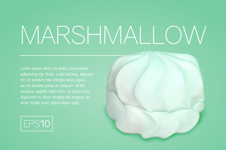 Banner with a realistic image of marshmallows on a turquoise background. One air marshmallow and a frame for text in a minimalist style on a colored background.のイラスト素材