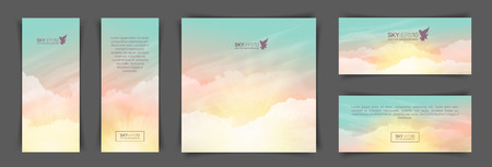 A set of flyers with realistic turquoise-yellow sky and cumulus clouds. The image can be used to design a banner and postcard.のイラスト素材