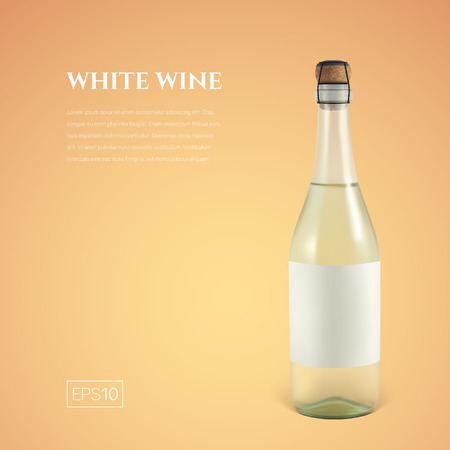 Photorealistic bottle of white sparkling wine on a yellow background. Mock up transparent bottle of wine. Template for presentation in a minimalist style.のイラスト素材