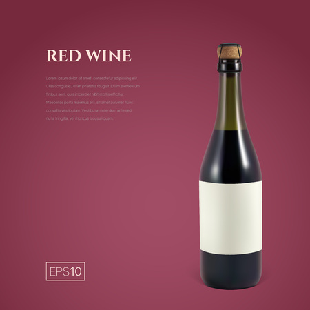 Photorealistic bottle of red sparkling wine on a burgundy background. Mockup transparent bottle of wine. Template for presentation in a minimalist style.のイラスト素材