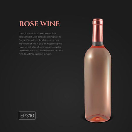Photorealistic bottle of rose wine on a black background. Mock up transparent bottle of wine. Template for product presentation or advertising in a minimalistic style.のイラスト素材