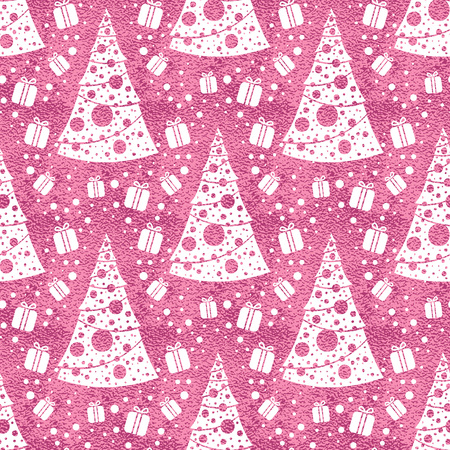 Seamless vector pattern with stylized christmas trees on pink background. Christmas edition. Perfect for greeting cards, wrapping paper, banners, etc.のイラスト素材