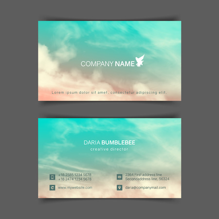 Two-sided horizontal business cards with realistic pink-blue sky and cloudsのイラスト素材