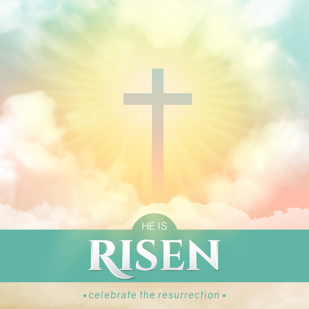 Christian religious design for Easter celebration. Rectangular vertical vector banner with text: He is risen, shining Cross and heaven with white clouds.のイラスト素材