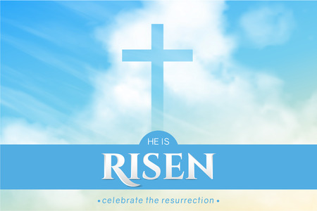 Christian religious design for Easter celebration. Horizontal vector banner with text: He is risen, shining Cross and heaven with white clouds.のイラスト素材