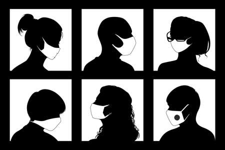 Set of female and male avatars in medical masks.のイラスト素材