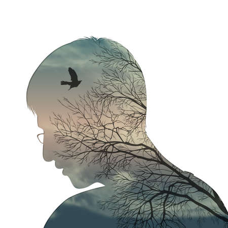 Illustration of a male head and his psychological state inside.の写真素材