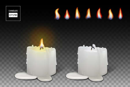 Set of realistic burning white candles for dark background. 3d candles with melting wax, flame and halo of light. Vector illustration with mesh gradients. EPS10.のイラスト素材