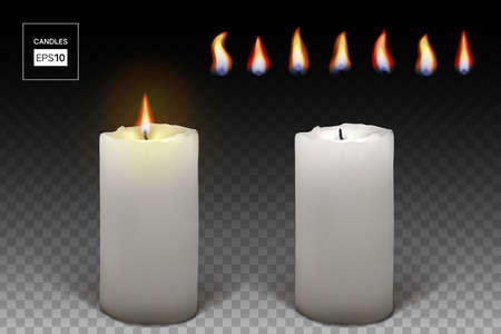 Set of realistic burning white candles for dark background. 3d candles with melting wax, flame and halo of light. Vector illustration with mesh gradients. EPS10.のイラスト素材