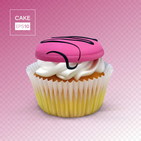 Cake basket with cream and macaroon on a transparent background. Realistic vector food illustrationのイラスト素材