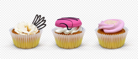 Set of cakes baskets with cream on transparent background. Realistic vector food illustrationの写真素材