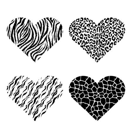 Set of hearts with animal prints. Black and white vector illustration.のイラスト素材
