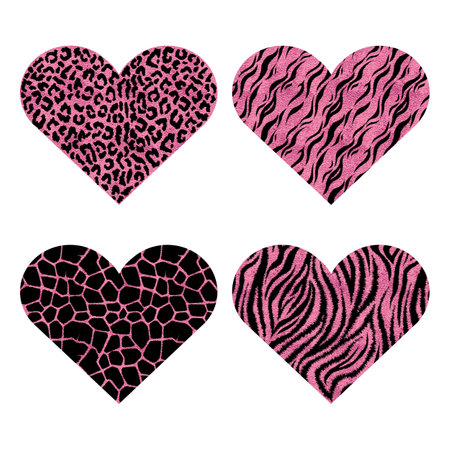 Set of hearts with animal prints. Pink metallic vector illustration.のイラスト素材