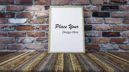 Rustic wood tabletop with poster mockup on brick wall backgroundの写真素材