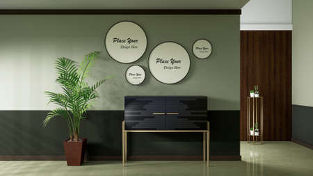 Interior with rounded poster mockup, 3d renderingの写真素材