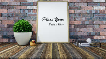 Rustic wooden tabletop and poster mock-up on brick wall backgroundの写真素材