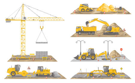 Big vector set of yellow construction vehiclesのイラスト素材