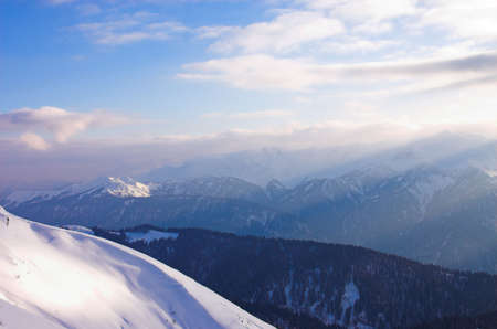 Blue winter mountain landscape, Sochi, Russiaの写真素材
