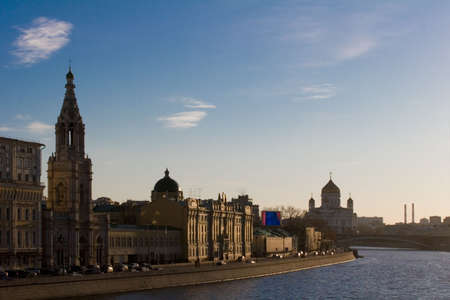 Sunset, quay of  river with chuches and temple in Moscowの写真素材