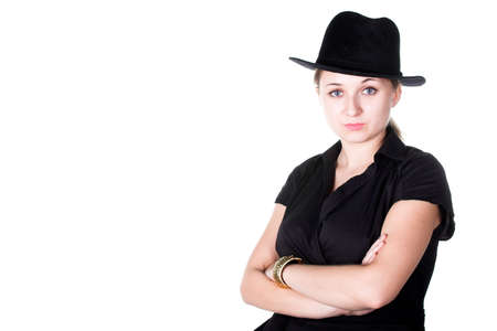 portrait of smiling beautiful girl with hat on white and copyspace