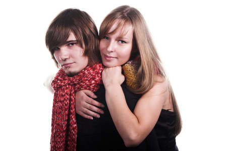 handsome guy with red scarf near beautiful girl の写真素材