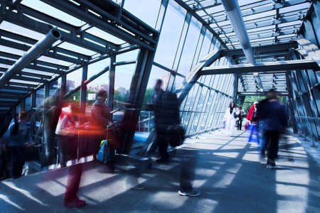 Blue metal corridor, crowd moovingの写真素材