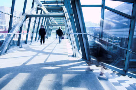 Blue metal corridor, crowd moovingの写真素材