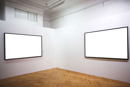 Two empty frames on white wall in museumの写真素材