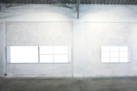 Two empty white large banners on expositionの写真素材
