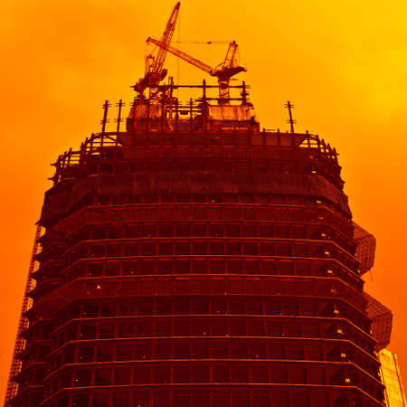 Underside view to business center head at sunset, Moscow city, Russia
