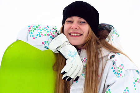 Smiling snowboard rider portraitの写真素材